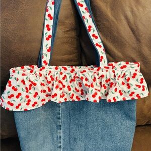 Cherry Print Denim Tote Bag